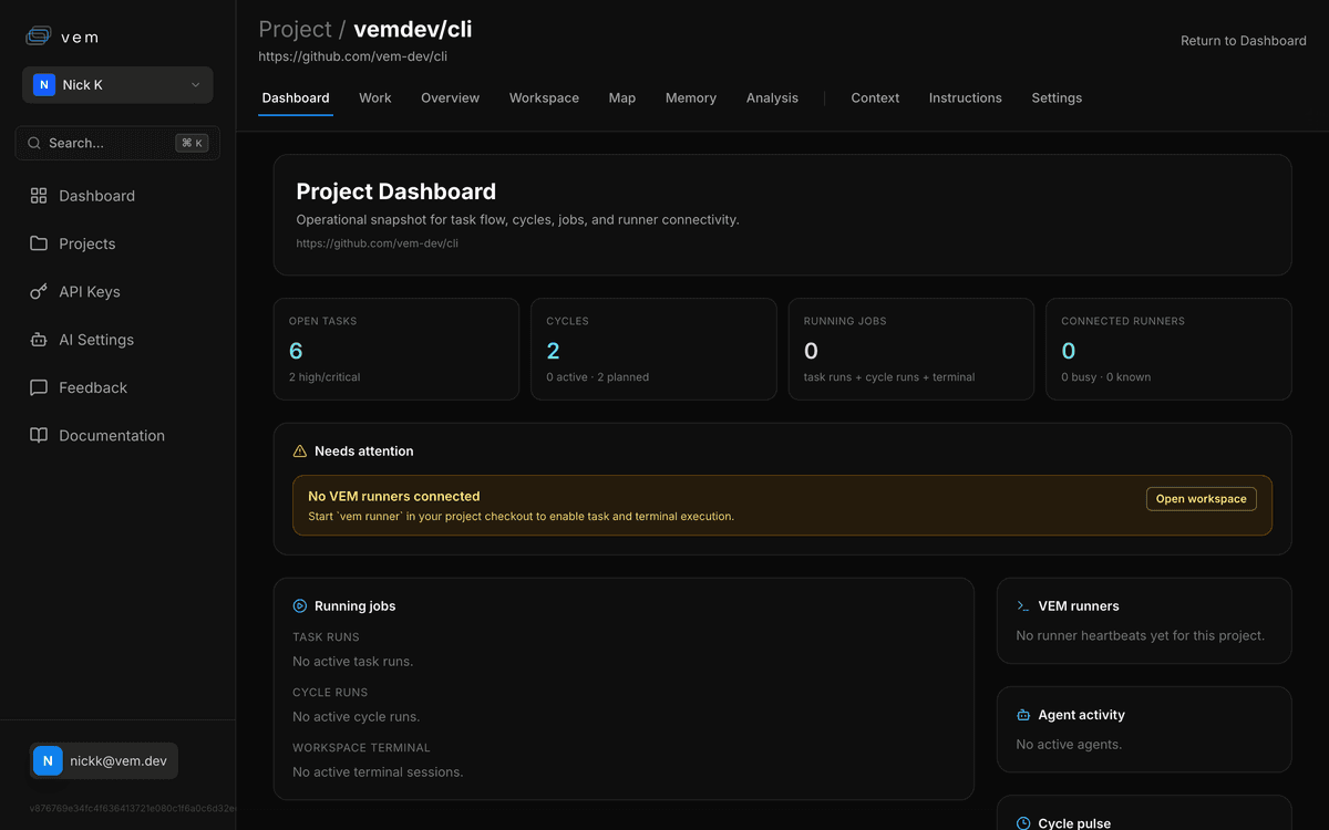 vem project overview dashboard showing cycles and task stats